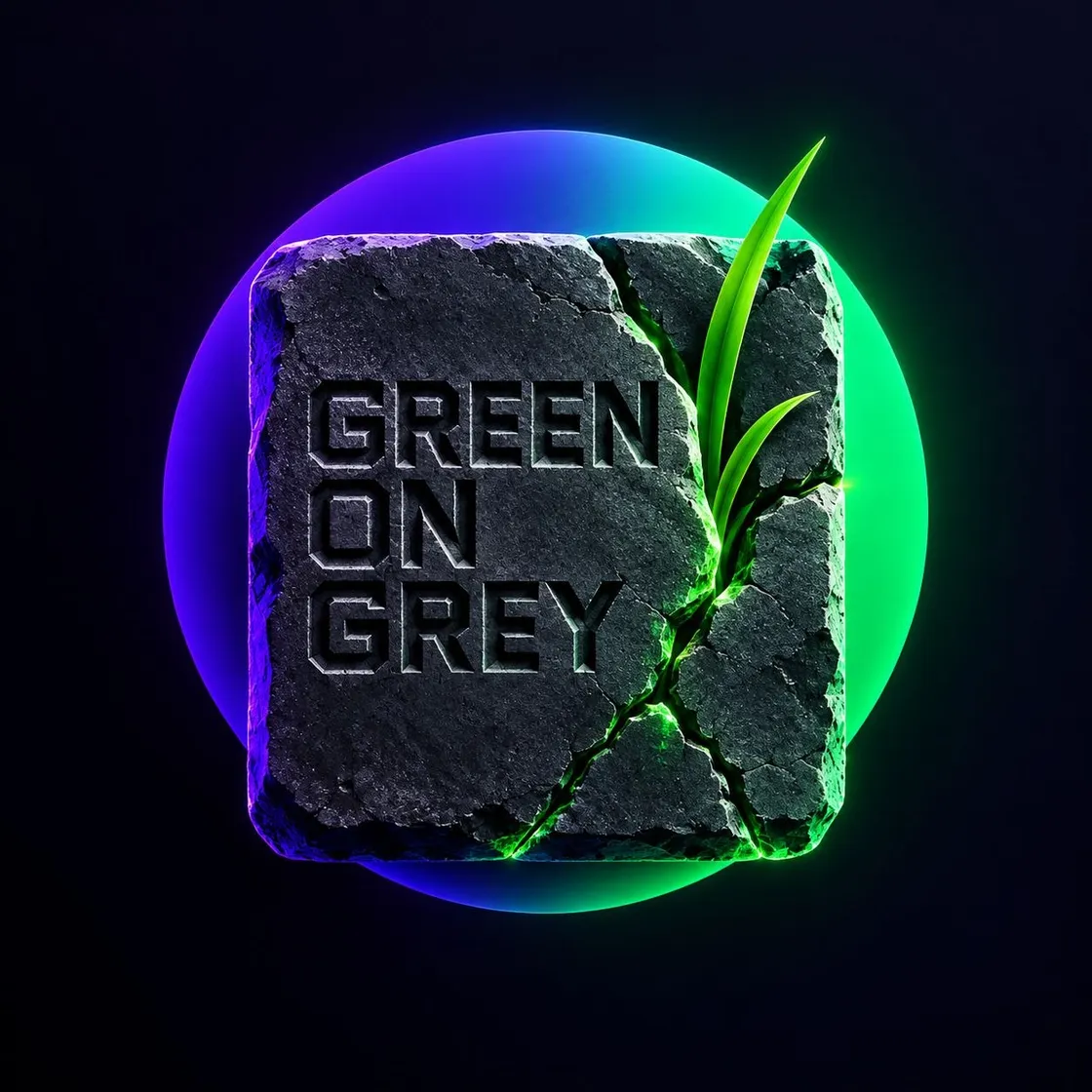 GreenOnGrey logo: a blade of grass growing through a cracked grey stone